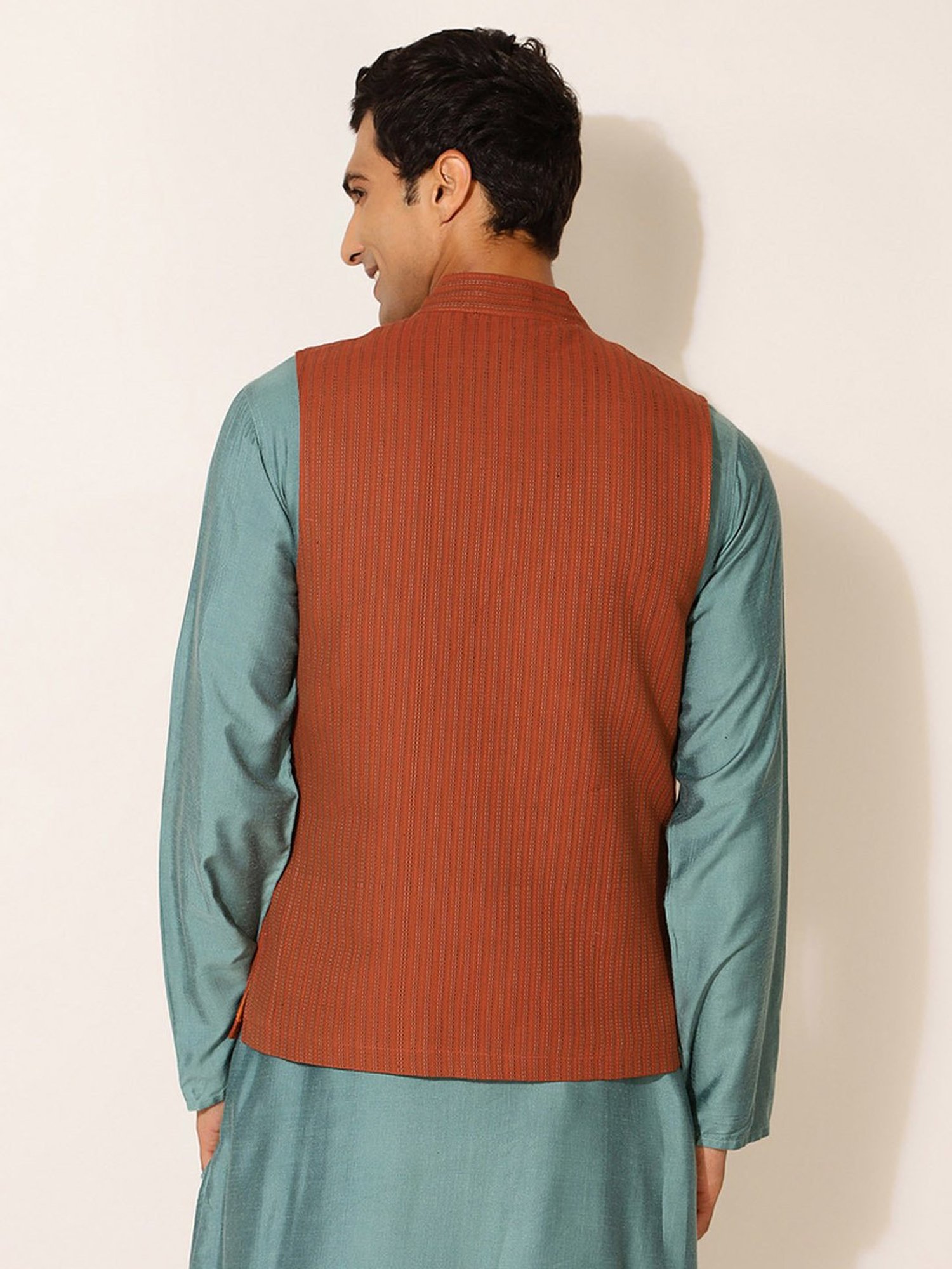 Fabindia Orange Cotton Regular Fit Striped Nehru Jacket