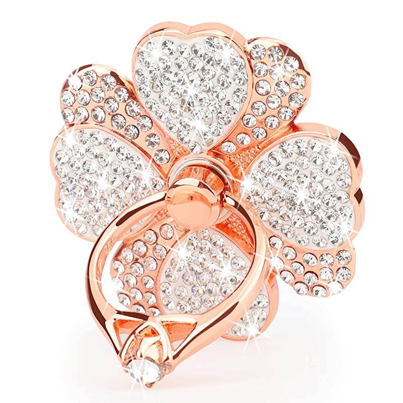 Phone Finger Ring Holder with Bling Crystals,  Heart Lucky Clover Phone Ring Kickstand [Washable] [Removable], 360&deg;Rotation Zinc Alloy Ring Grip Stand for Phones and Tablets (Rose Gold)