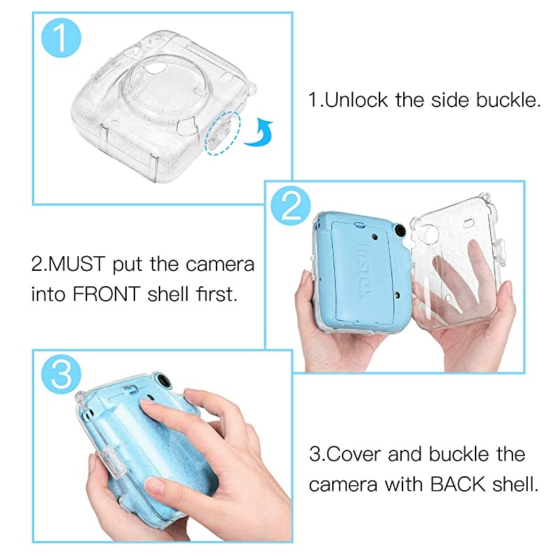 Protective Clear Case for Fujifilm Instax Mini 11 Instant Film Camera - Crystal Hard PVC Cover with Removable Rainbow Shoulder Strap, Glittering Transparent