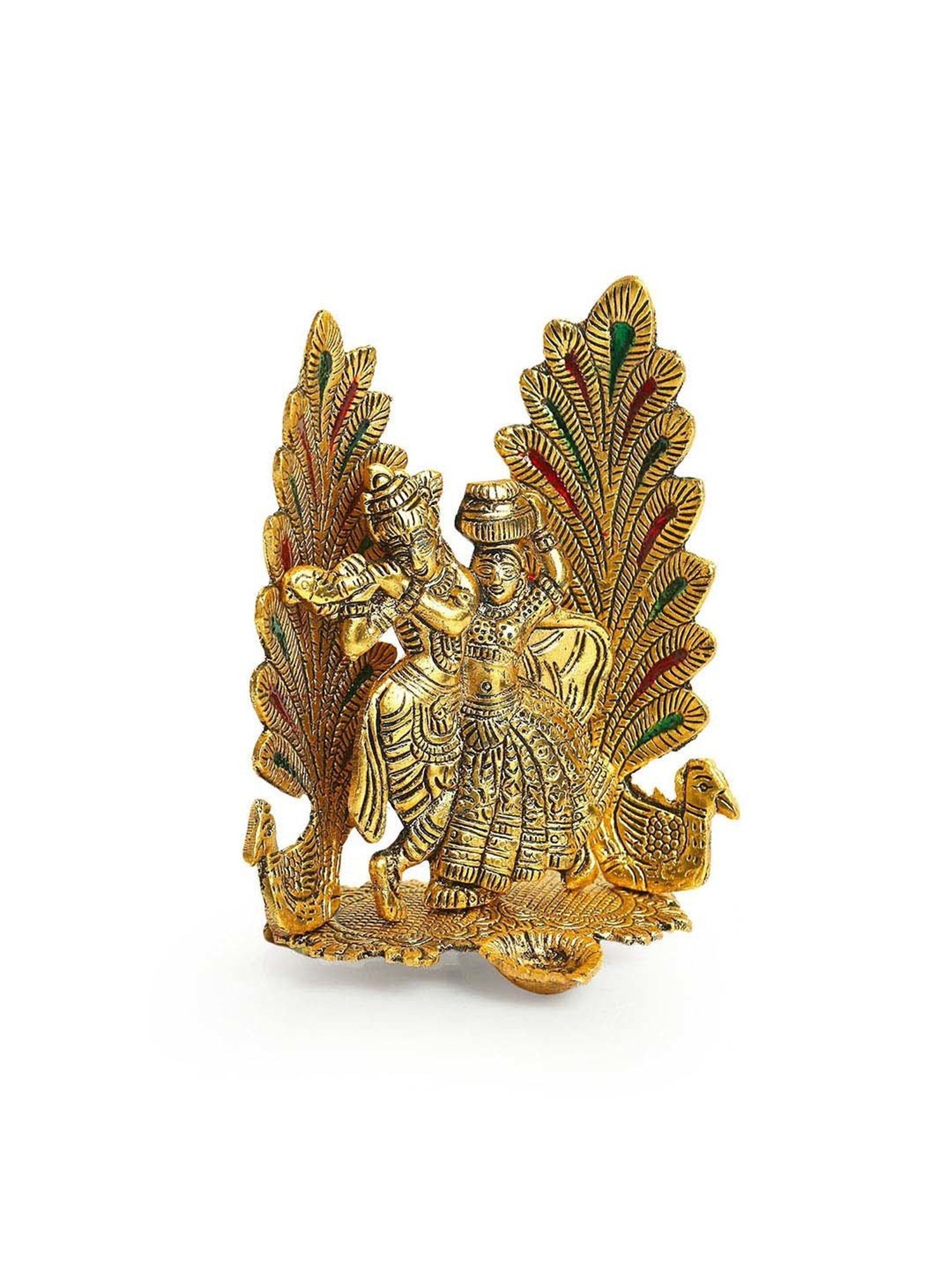 ExclusiveLane Golden Aluminium Radha-Krishna & Peacock Idol With Diya