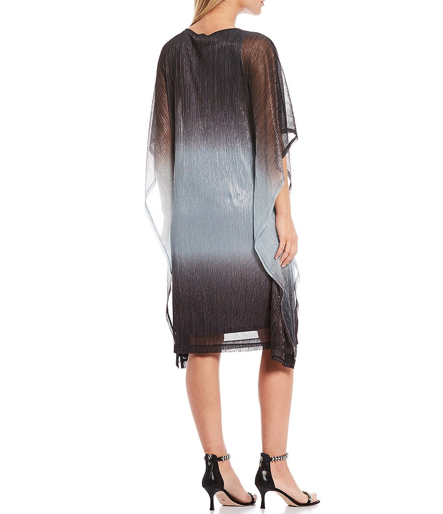 Kay Unger Long Bishop Sleeve V-Neck Crepe A-Line Dress