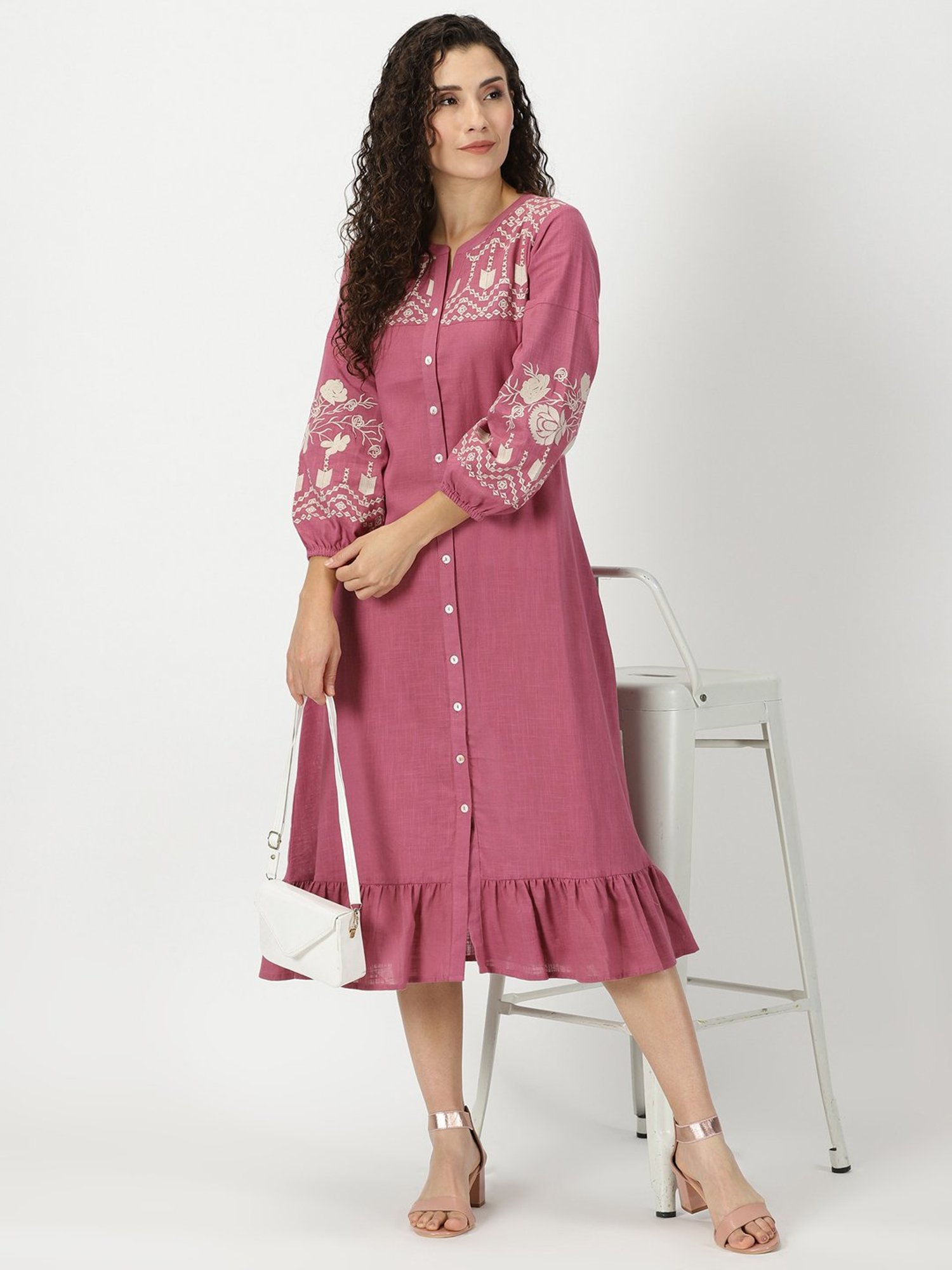 Saffron Threads Pink Cotton Embroidered Ethnic Dress