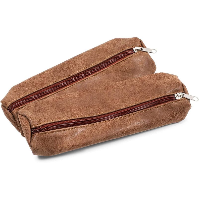 Juvale 2-Pack Brown Faux Leather Pencil Pouch Pen Case for School & Office 2.5 x 9 in