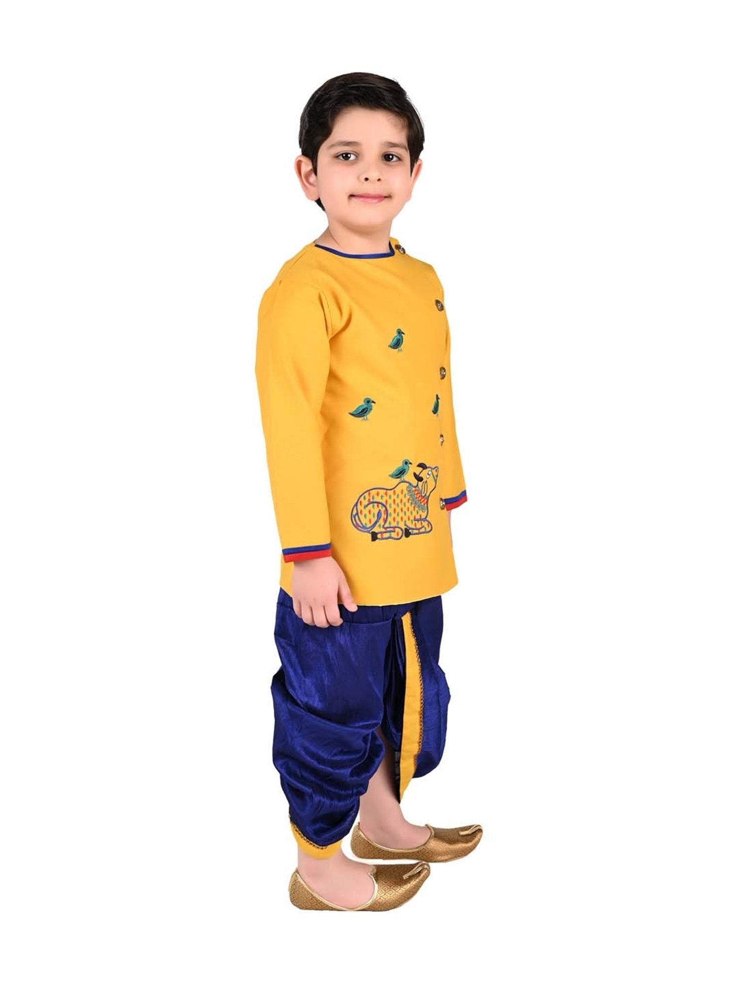 Ahhaaaa Kids Yellow & Blue Cotton Embroidered Kurta Set