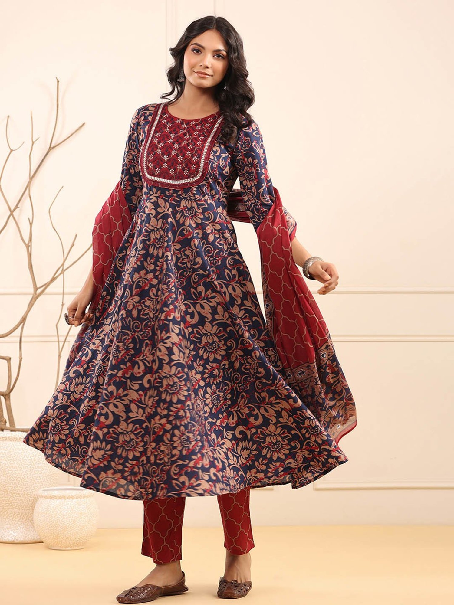 Rain and Rainbow Navy & Maroon Cotton Floral Print Kurta With Pant & Dupatta
