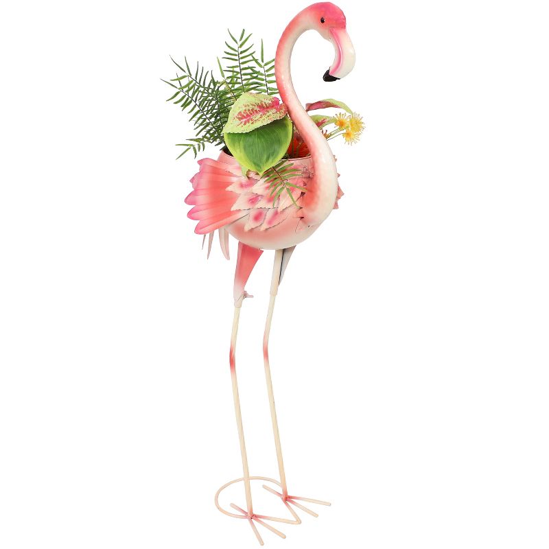 Sunnydaze Metal Pink Flamingo Outdoor Garden Statue with Flowerpot - 36"
