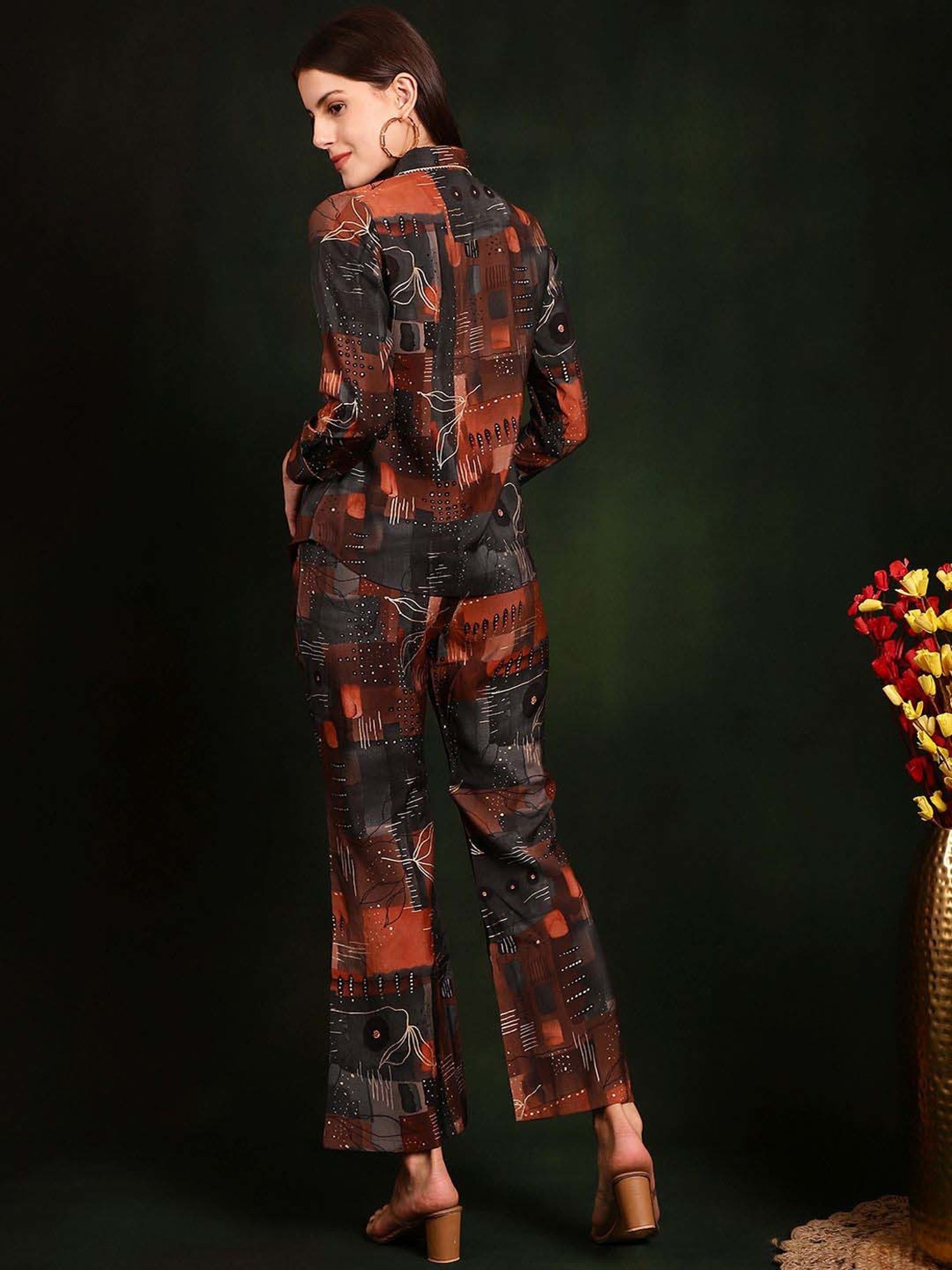 Claura Brown Printed Shirt Pant Set