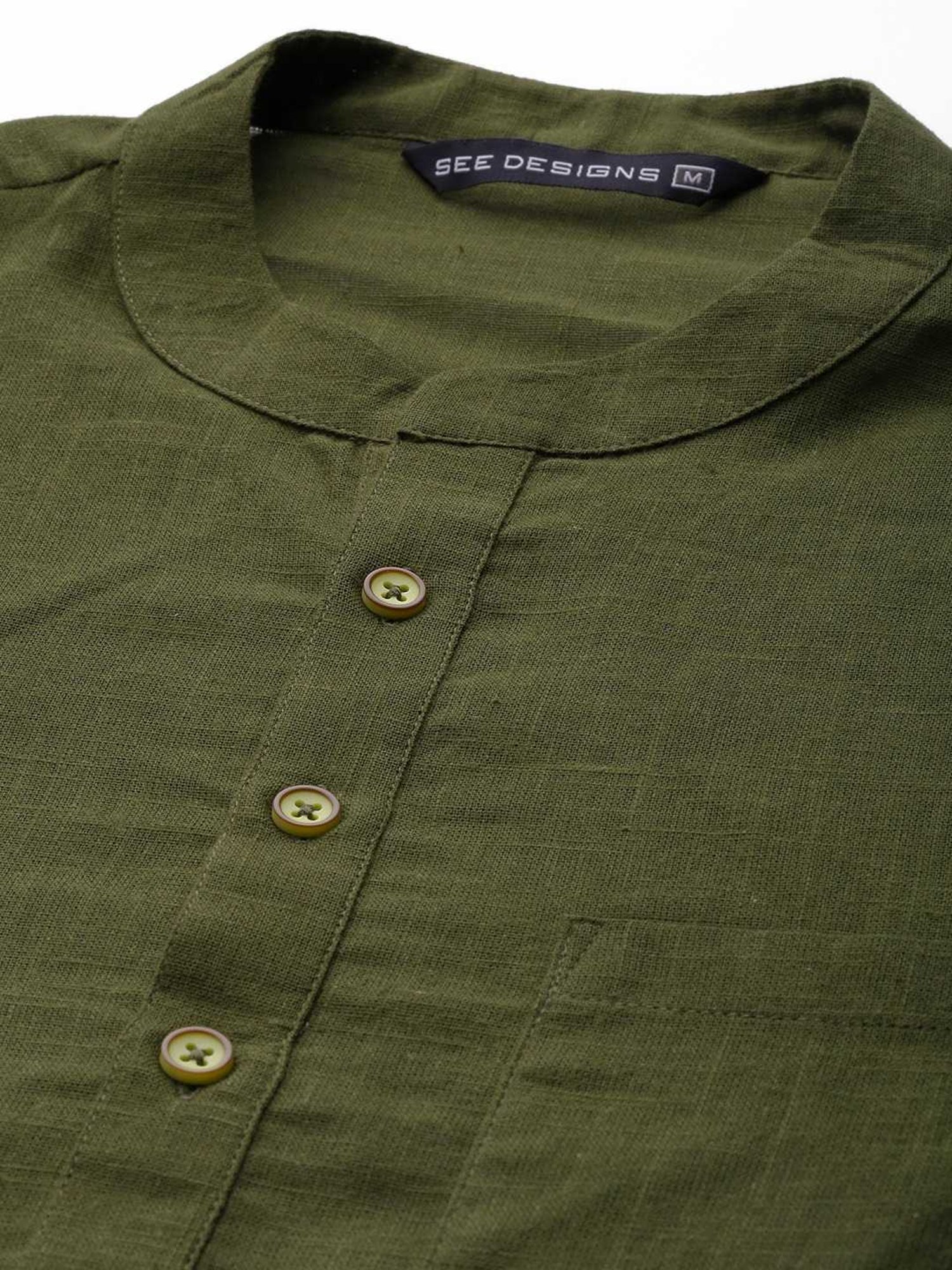 See Designs Olive Green & White Cotton Regular Fit Kurta Bottom Set