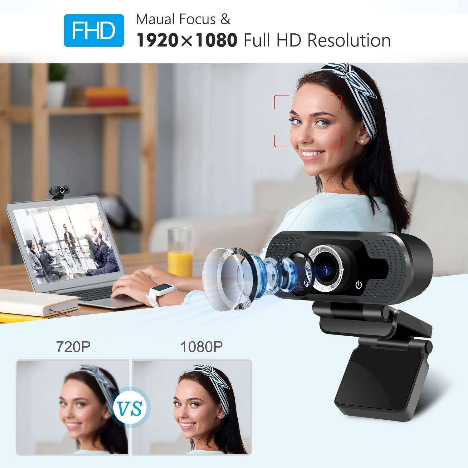 1080P Webcam with Microphone, HD PC Webcam USB Mini Computer Camera Built-in Microphone, USB Web Camera for Live Streaming, Video Calling and Recording, Web Cameras for Computers