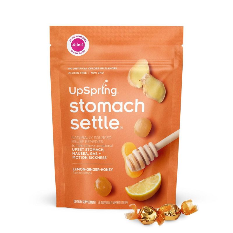 UpSpring Stomach Settle Nausea Relief, Upset Stomach, Motion Sickness Drops - Ginger Lemon - 28ct