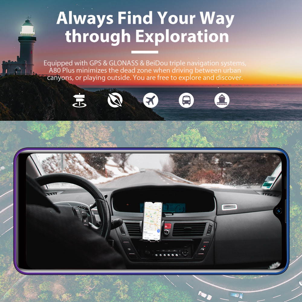 A80 Plus Smartphone, 6.49 Inch HD + Waterdrop Screen Face Unlock, Android 10.0 Unlocked Phone with 4680mAh Big Battery, Dual SIM 4G Phone