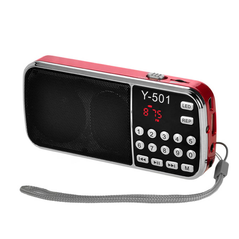 Portable FM Radio with Speaker and SD Card Player 3-in-1, Stereo MP3 Music Player, Digital LCD Display, LED Flashlight, Loop Playback, Breakpoint Memory