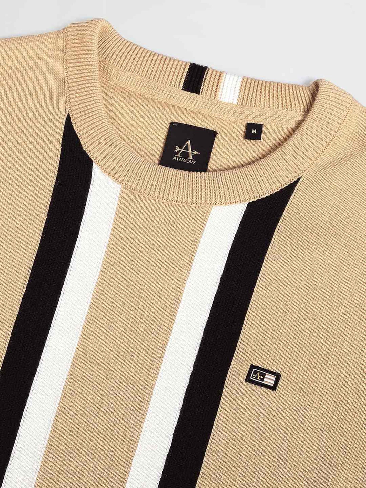 Arrow Sport Beige Cotton Regular Fit Striped Sweater