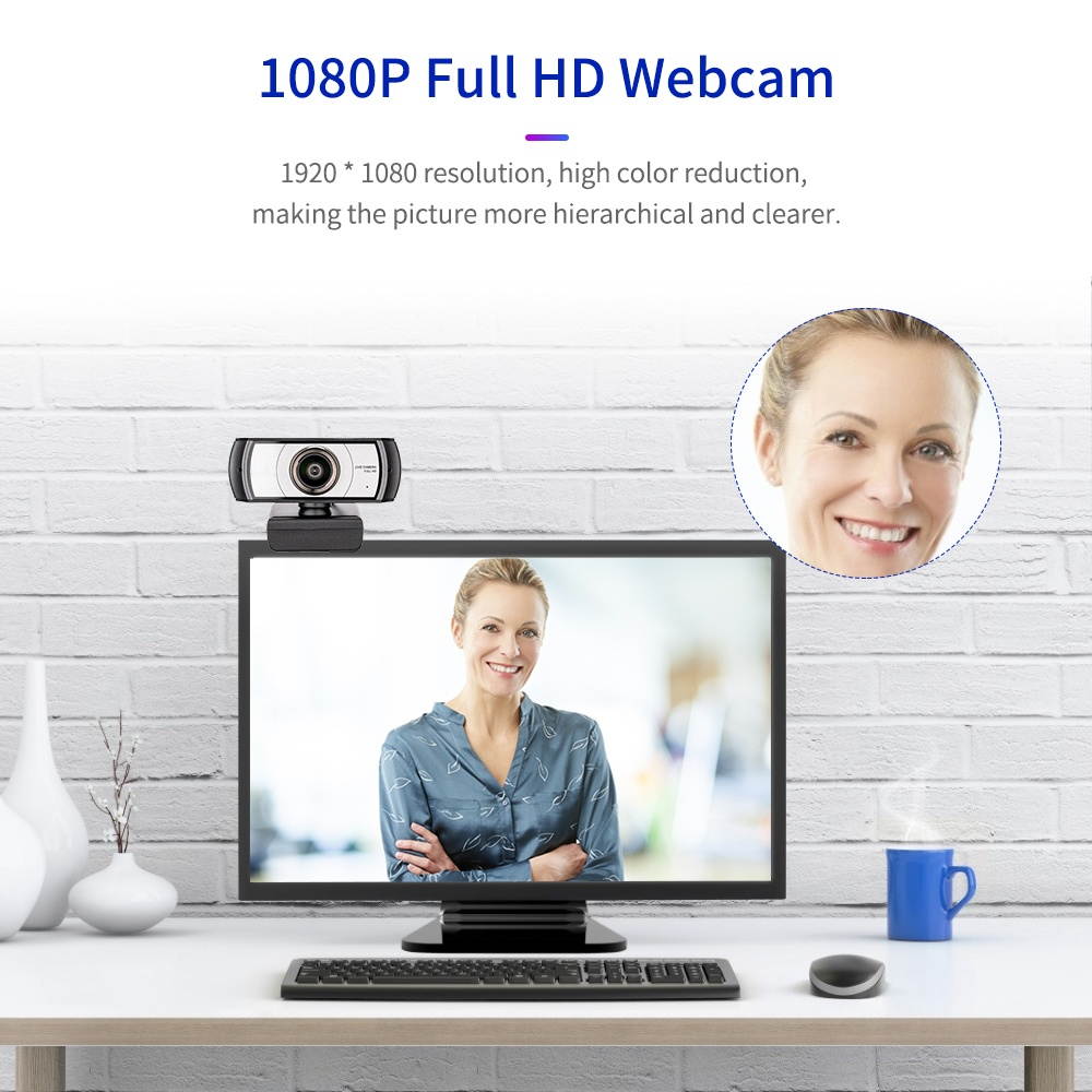 1080P HD Streaming Webcam USB Computer Video Camera 2 Megapixels 120&deg; Wide Viewing Manual Focus with Microphone Plug & Play Compatible with Windows Android Mac for Video Meeting Online Training Live
