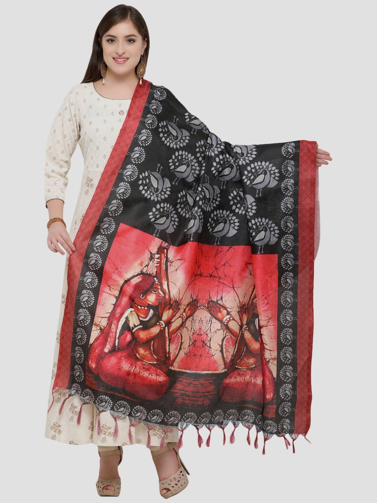 Saree Mall Black & Red Printed Dupatta
