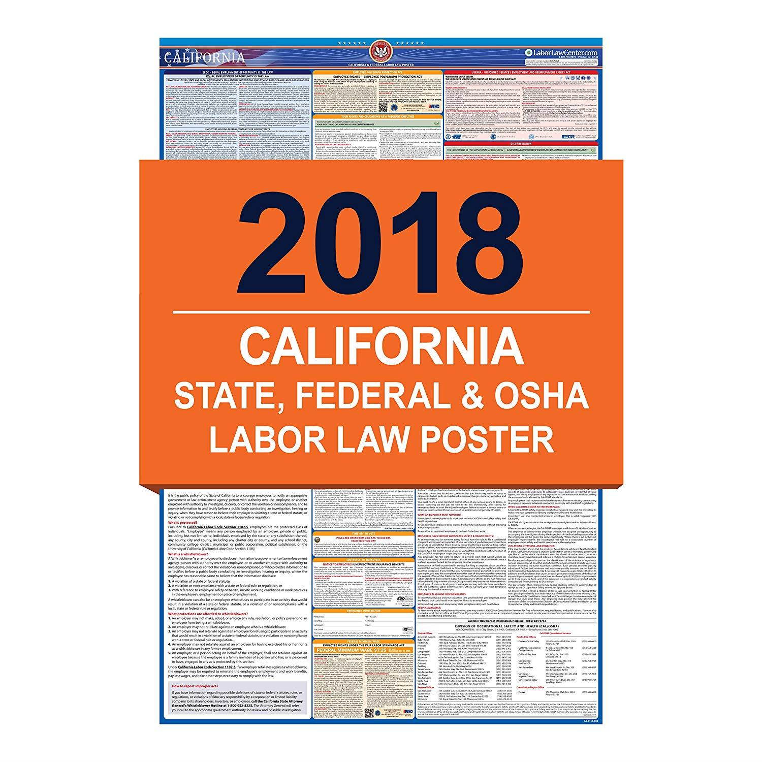 2018 California Labor Law Poster - State & Federal Compliant - Laminated