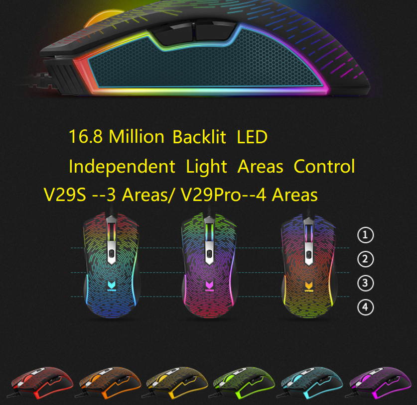 Rapoo V29S Ergonomic Design, Pixart 3320 Cool Exterior RGB Backlit LED  Light  Wired Gaming 7000DPI 7 Programmable Buttons Mouse  For Office And Game - Black