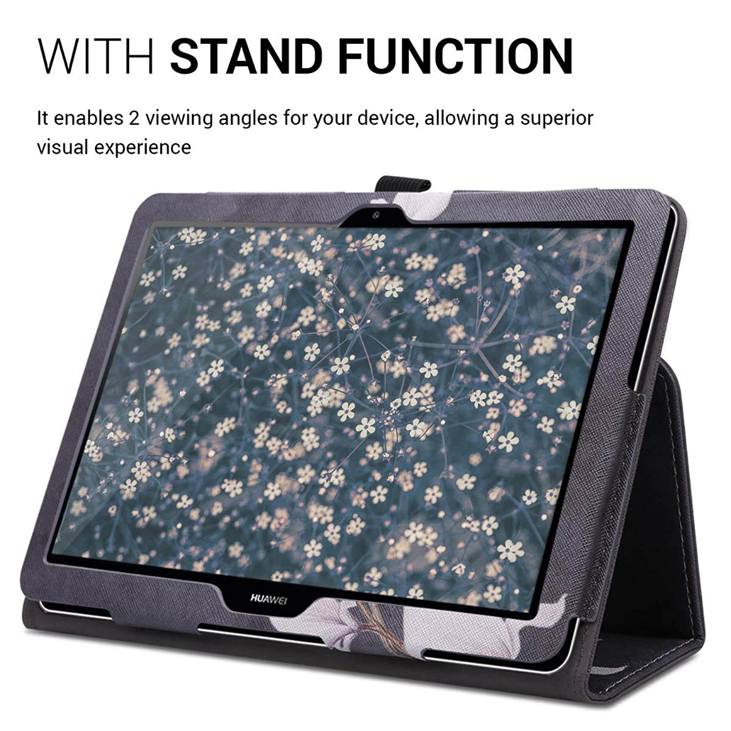 kwmobile Case Compatible with Huawei MediaPad T3 10 - Slim PU Leather Tablet Cover with Stand Feature - Magnolias Taupe/White/Dark Grey