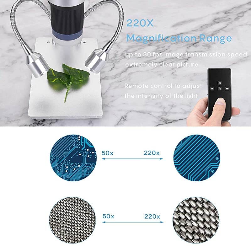 4.3 inch Digital USB Microscope 220X Magnification with Remove Control & 2 Fill Light,1080P LCD Screen Camera Video Recorder for Electronics Repair Circuit Board Soldering Coin