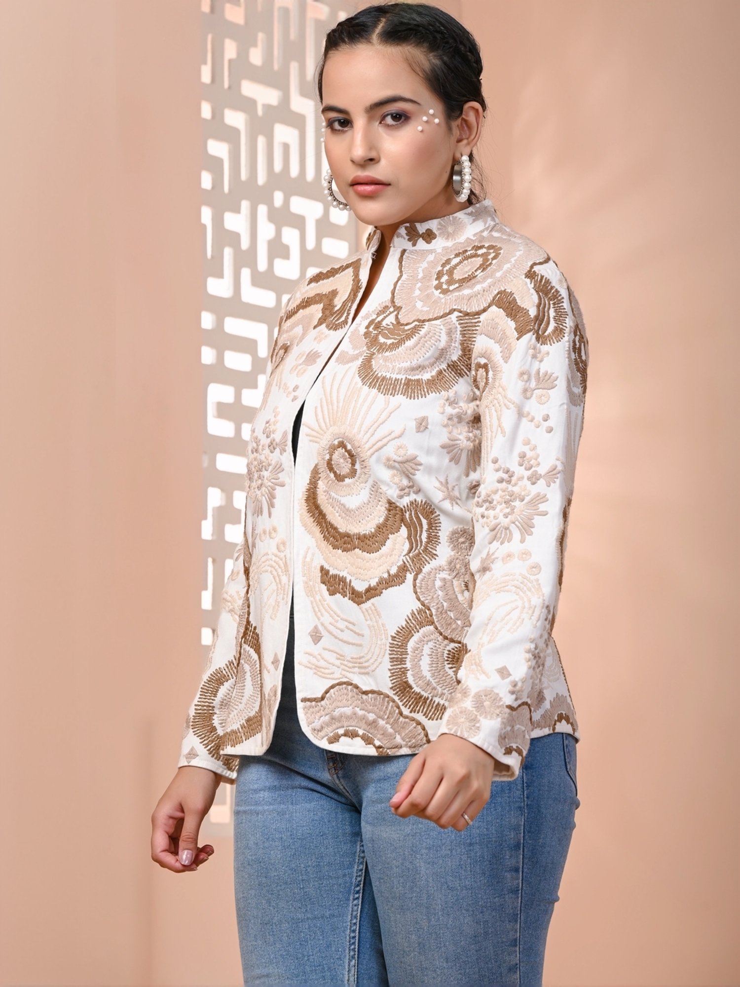 Zolo Label Off-White Cotton Embroidered Jacket