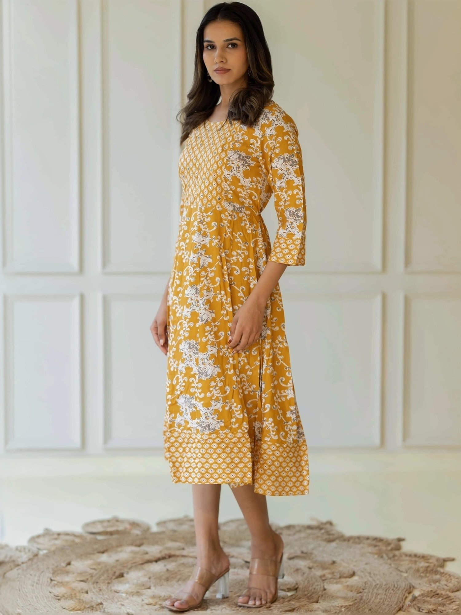 MIRCHI FASHION Yellow Cotton Printed A-Line Dress