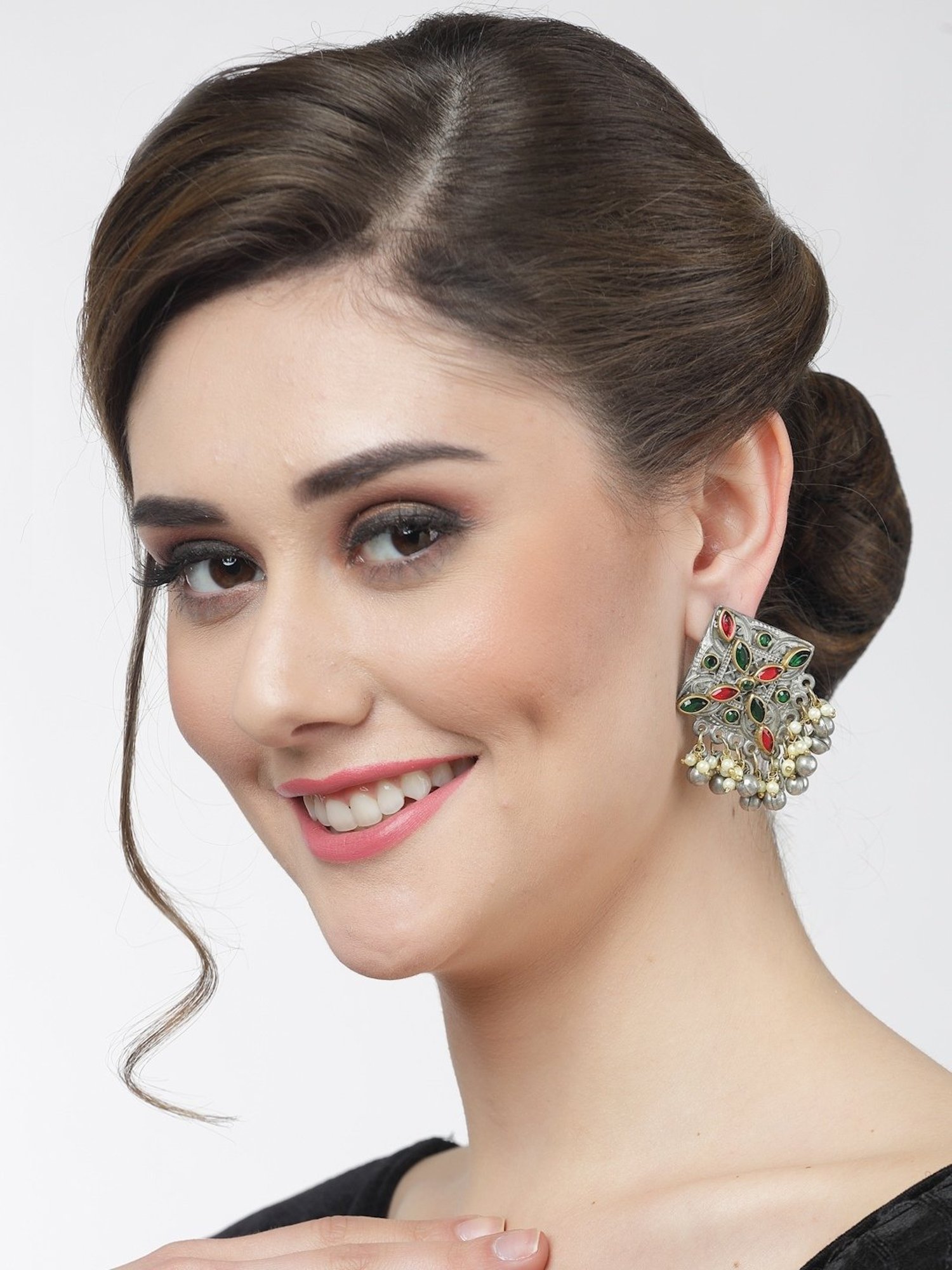 Moedbuille Crystal Ghungroo & Pearl Studded Antique Design Silver-Plated Tasselled Stud Earrings