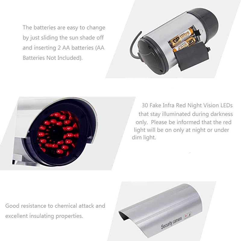 Bullet Dummy Fake Surveillance Security CCTV Dome Camera Indoor Outdoor with 30 Illuminating LED Light and Security Alert Sticker Decals S304 4 Packs Silver