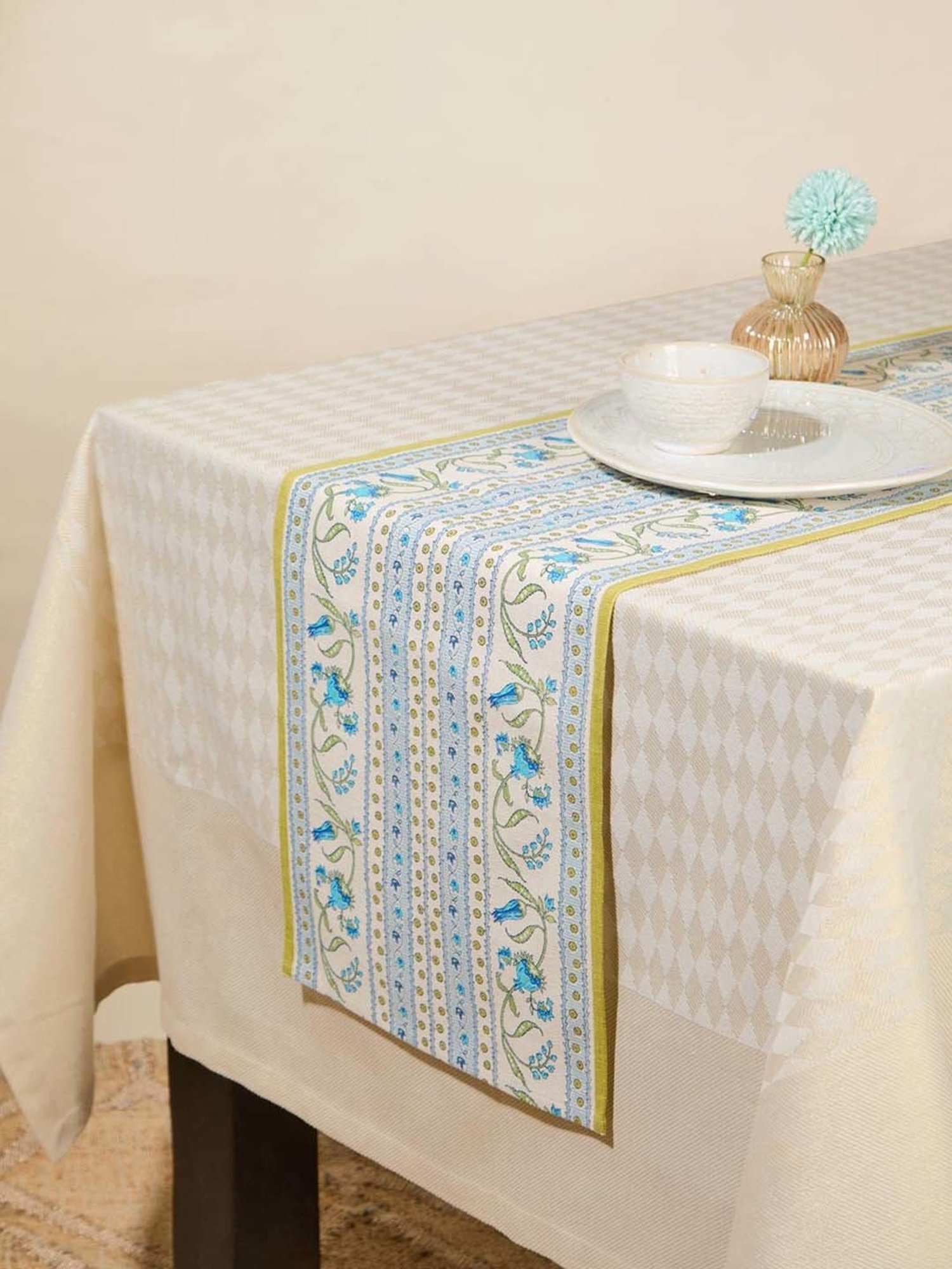 Fabindia Home Ramya Turquoise 267 GSM Cotton Runner