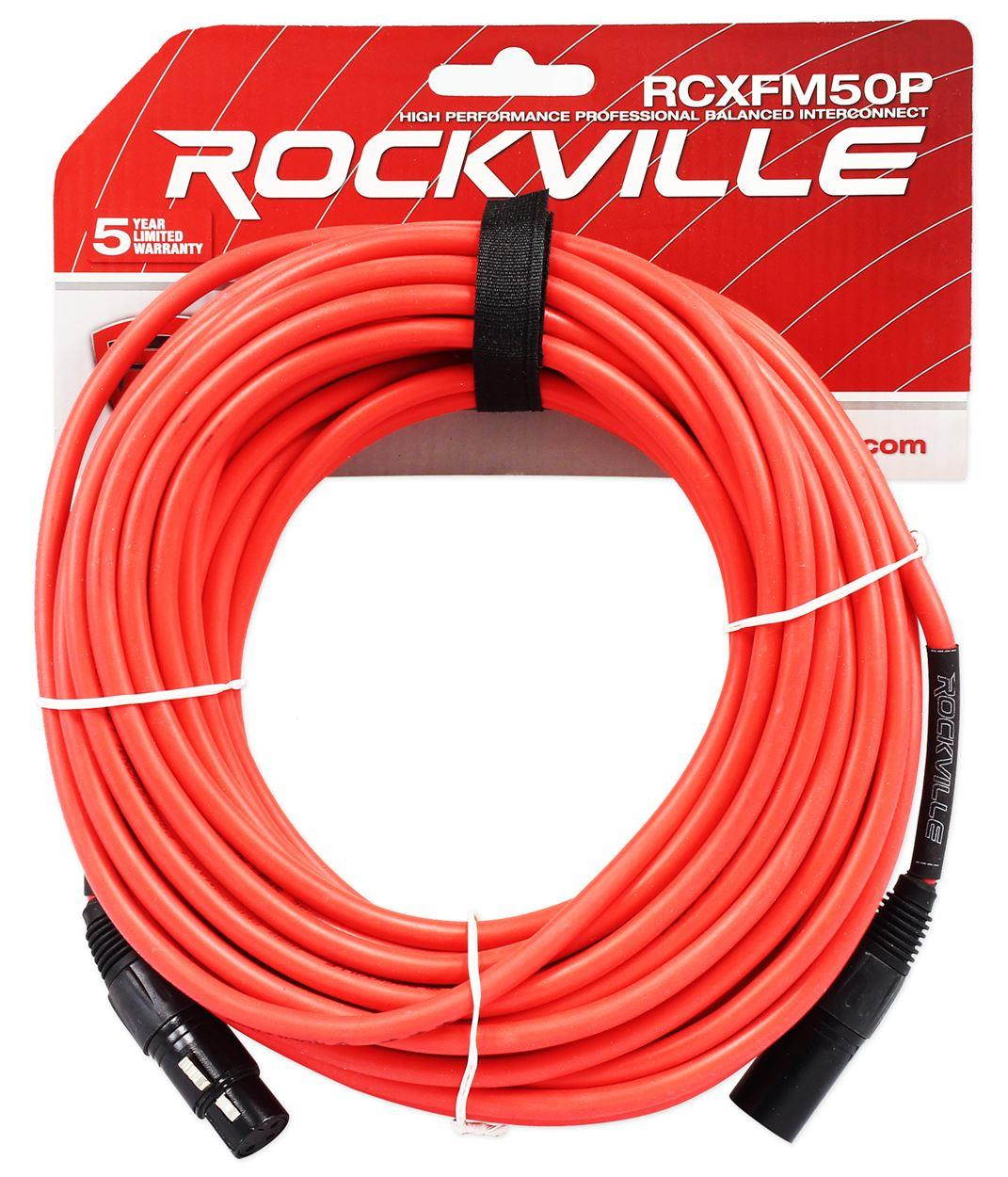 4 Rockville RCXFM50P-R Red 50' Female to Male REAN XLR Mic Cables 100% Copper