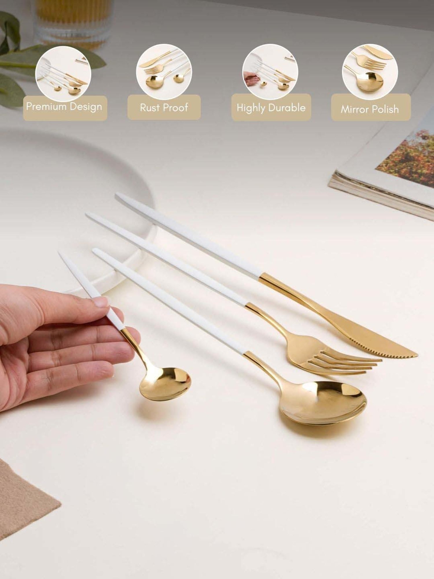 Nestasia White & Golden stainless Steel cutlery set(1 Fork + 1 Knife +1 Table spoon +1 Desert spoon)