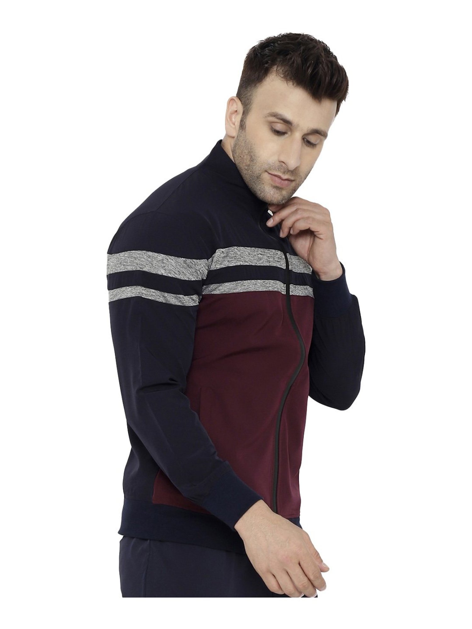 Chkokko Navy & Maroon Regular Fit Colour Block Sports Jacket