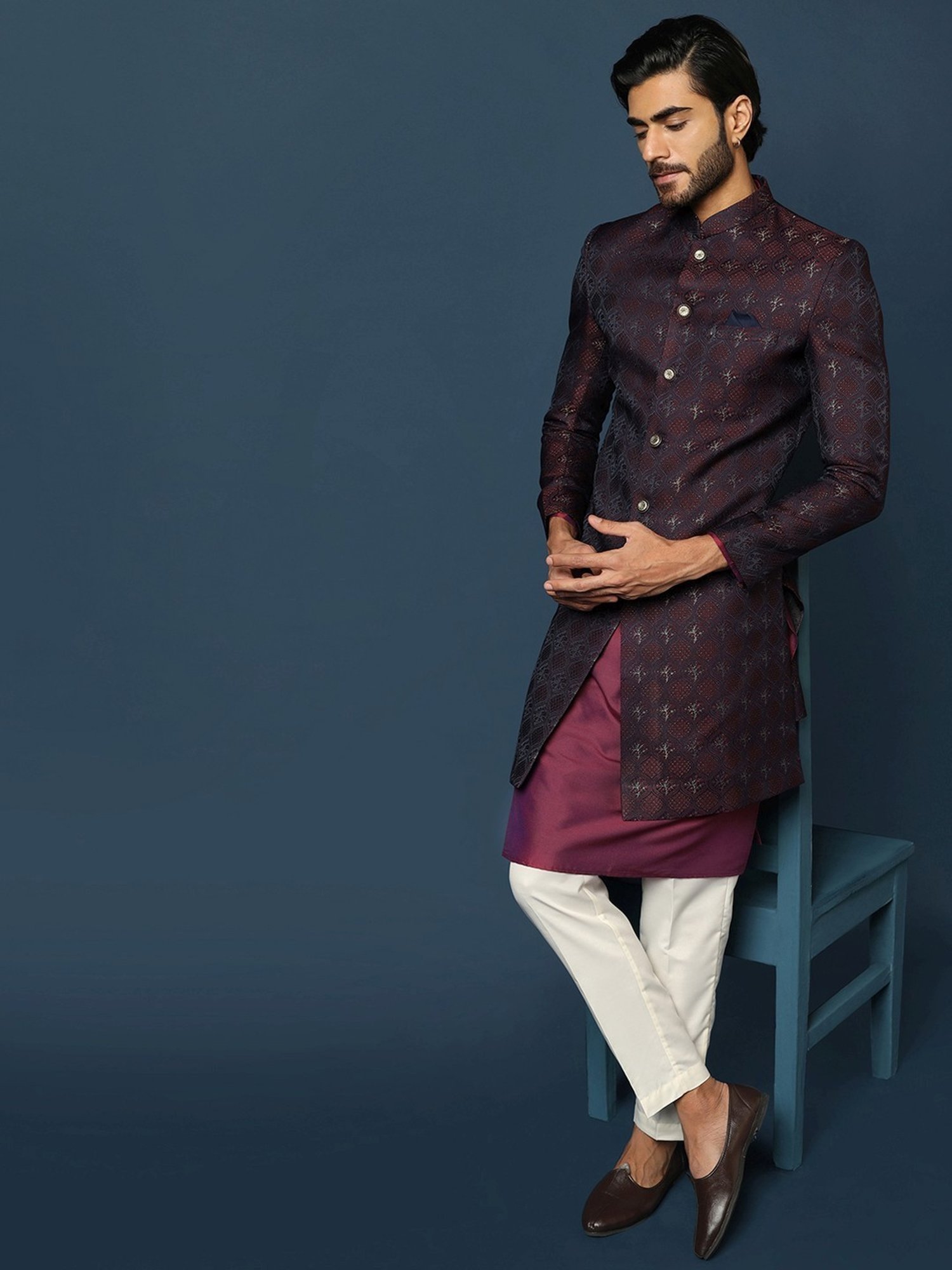 KISAH Maroon Cotton Regular Fit Self Pattern Sherwani Set