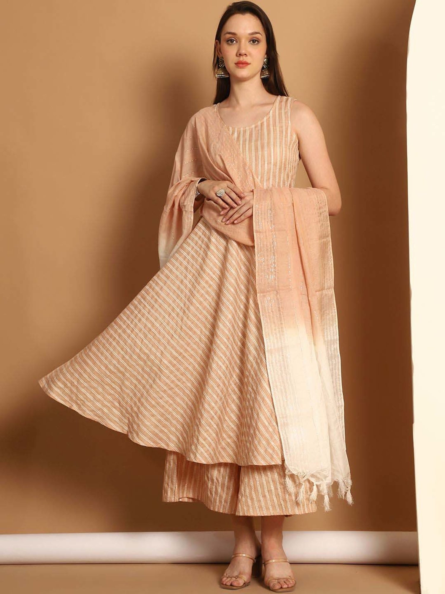 Jompers Beige Woven Pattern Kurta Palazzo Set With Dupatta