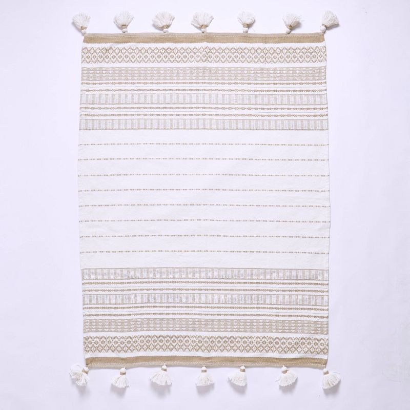 50"x60" Woven Striped Throw Blanket with Pom-Poms Tan - Patina Vie