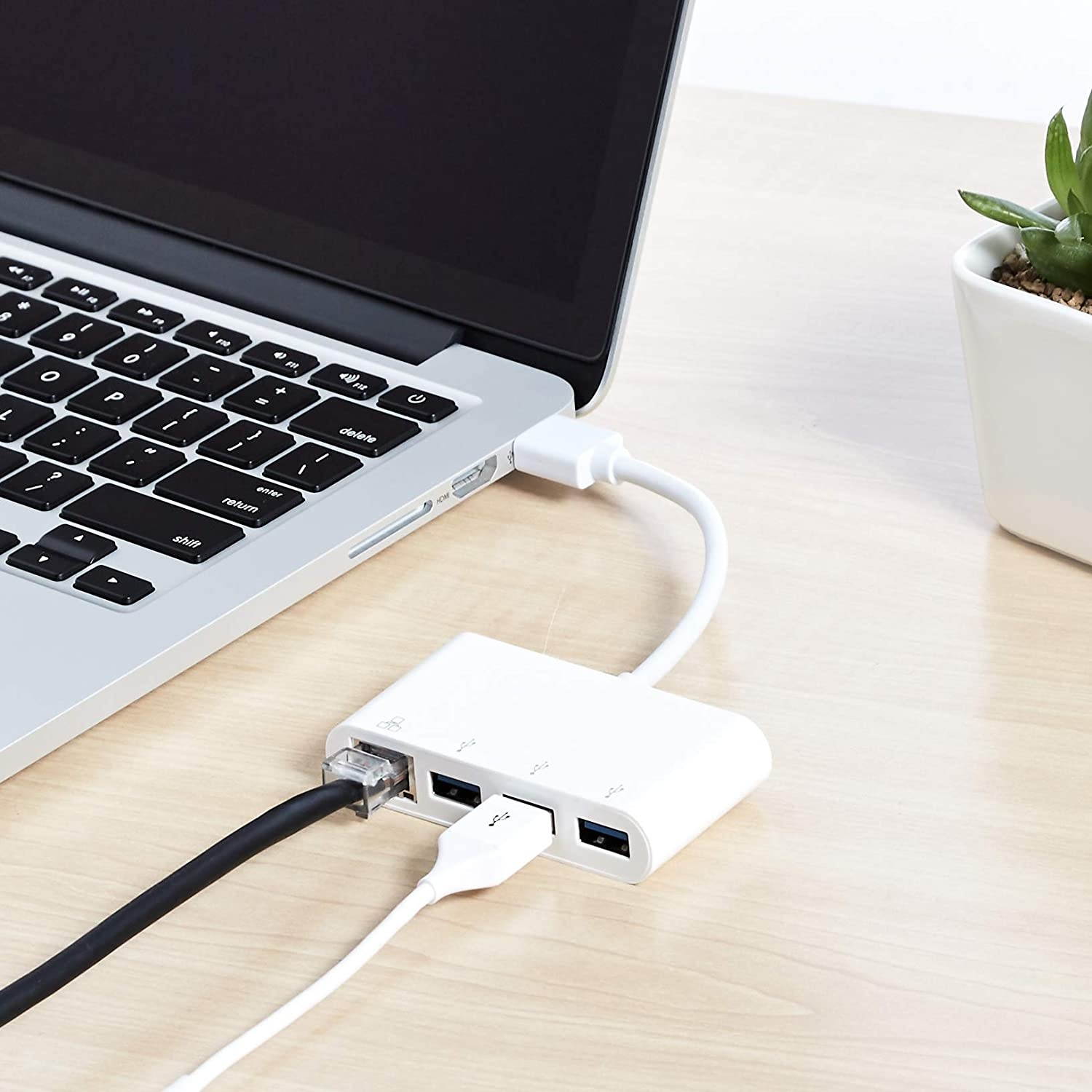 AmazonBasics 3-Port USB 3.0 Adapter with RJ45 Gigabit Ethernet Port, White