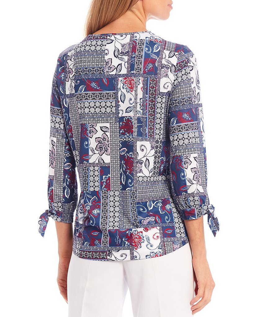 Allison Daley Folk Paisley Patchwork Print Knit Jersey V-Neck 3/4 Tie Sleeve Top