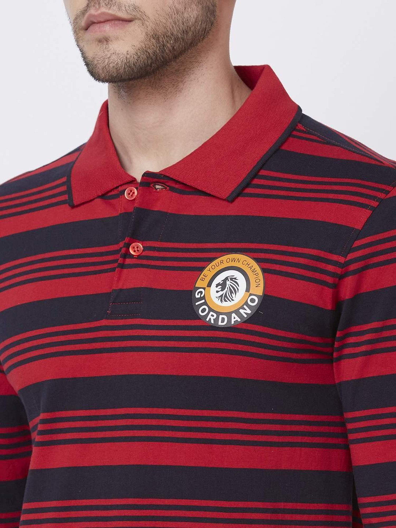 Giordano Red Cotton Slim Fit Striped Polo T-Shirt