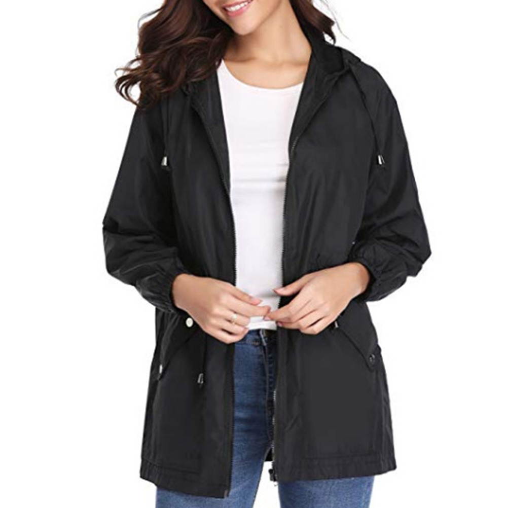 1pc Women Outdoor Hiking Waterproof Raincoat Spring Autumn Pocket Long Sleeve Casual Jackets with Zipper Outwear Coats for Girls Size S(Black)