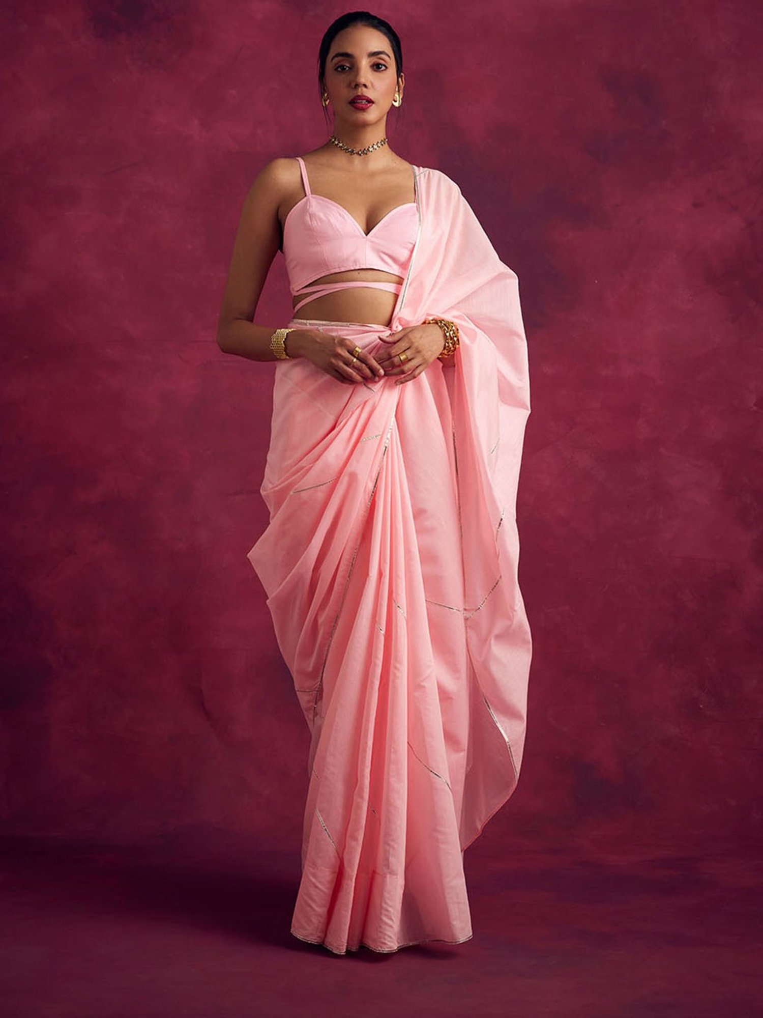 Abhishti Pink Woven Saree Without Blouse