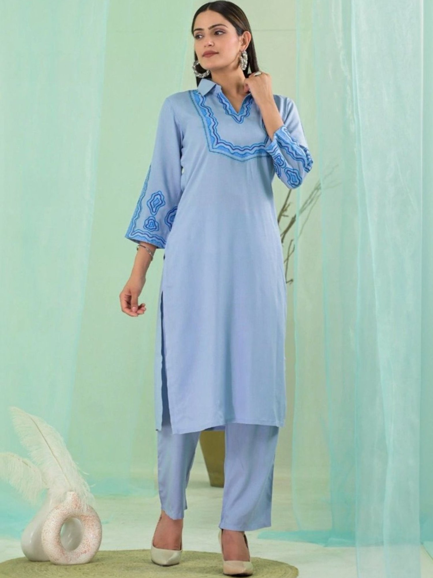 Autumnlane Blue Vartika Sky Embroidered Kurta with Pant