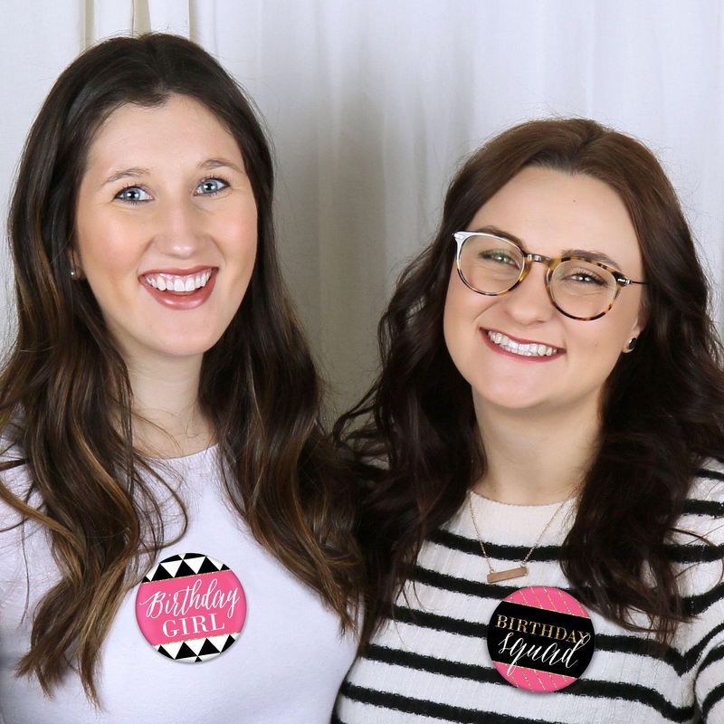 Big Dot of Happiness Chic Happy Birthday - Pink, Black and Gold - 3 inch Birthday Party Badge - Pinback Buttons - Set of 8