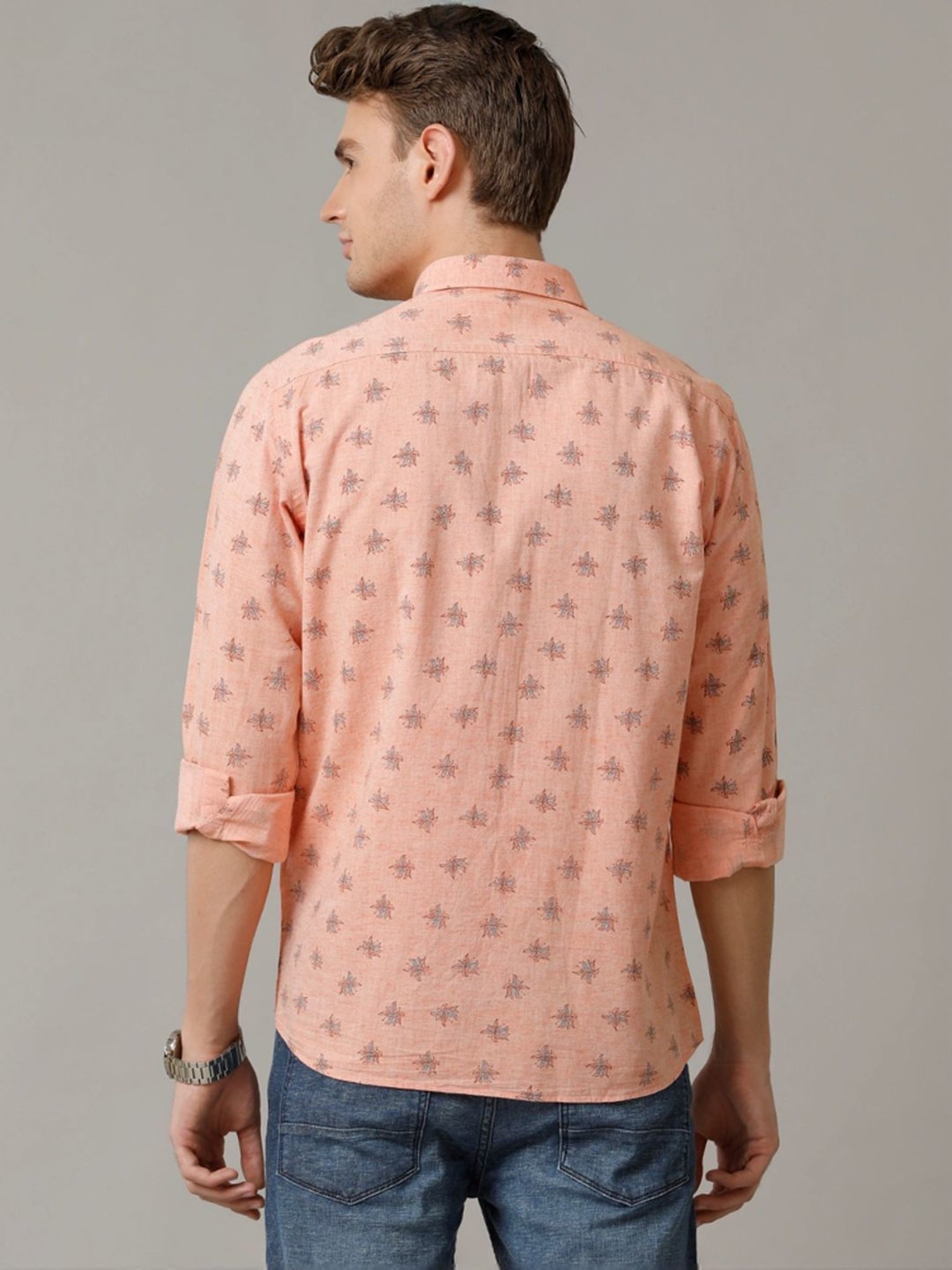 Cavallo By Linen Club Orange Linen Contemporary Fit Printed Shirt
