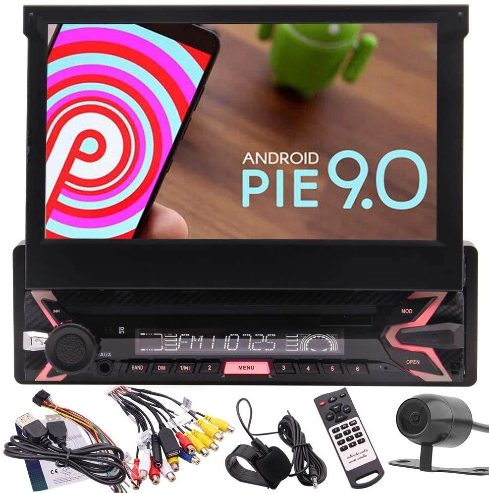 in Dash HD Touch Screen Car Video Player GPS Navigation Android 9.0 Car Stereo Bluetooth/SD/USB/FM/AM Radio/WiFi/AV-IN/1080P/Free Map/Reverse Backup Camera Input + Wireless Remote + External MIC