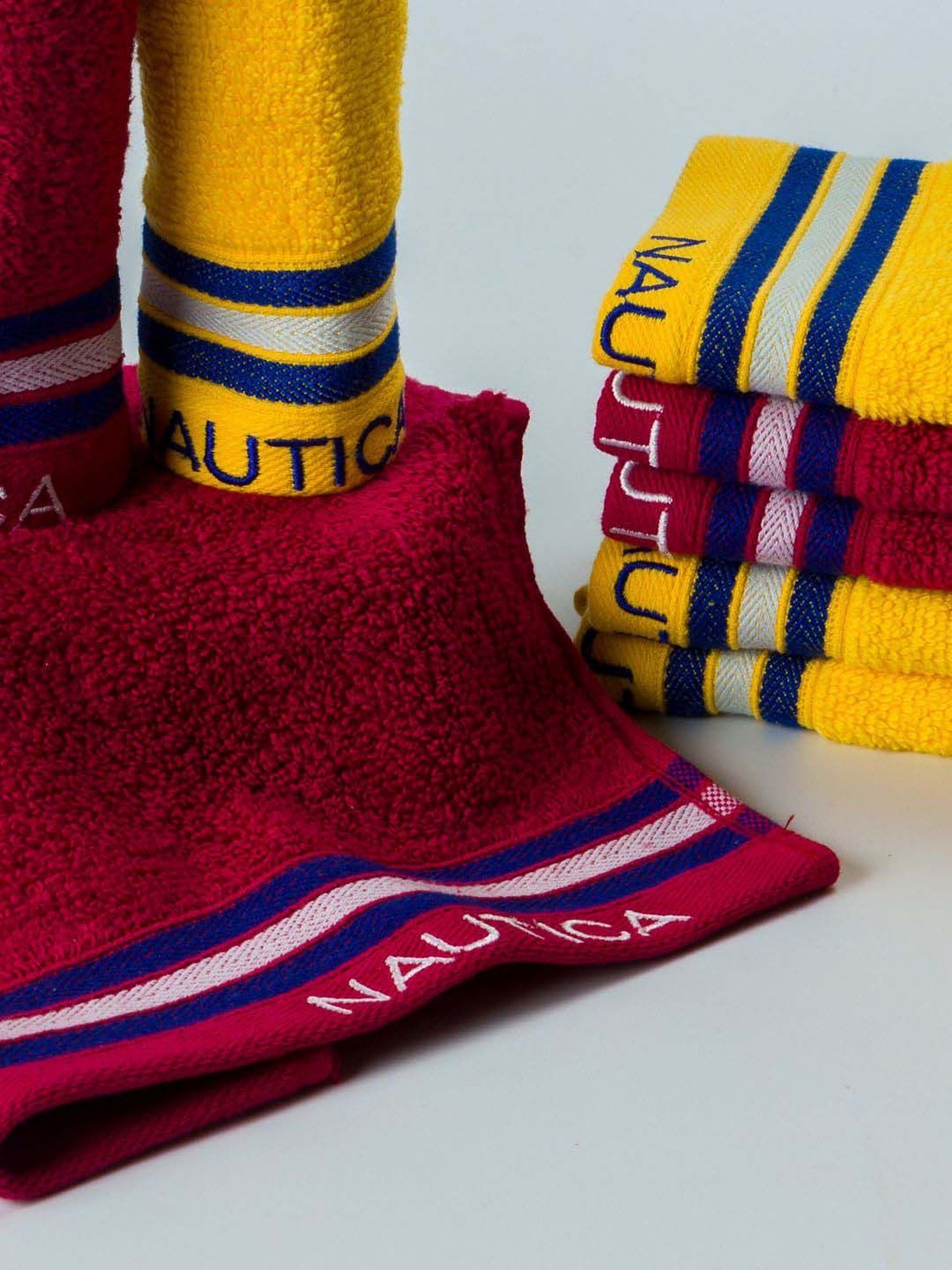 Nautica Vintage Crew Stripe Burgundy & Yellow Cotton 500 GSM Zero Twist Face Towel - Set of 8