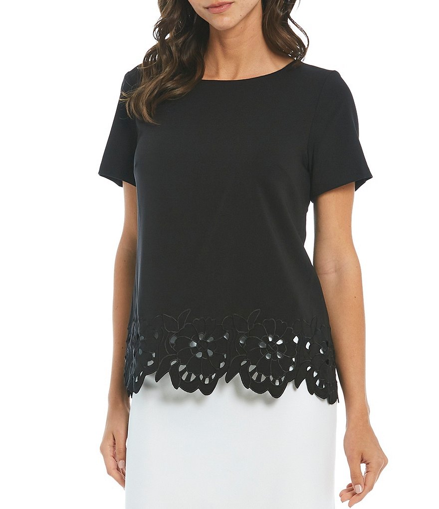 Preston & York Pat Laser Cut Floral Hem Crew Neck Short Sleeve Blouse