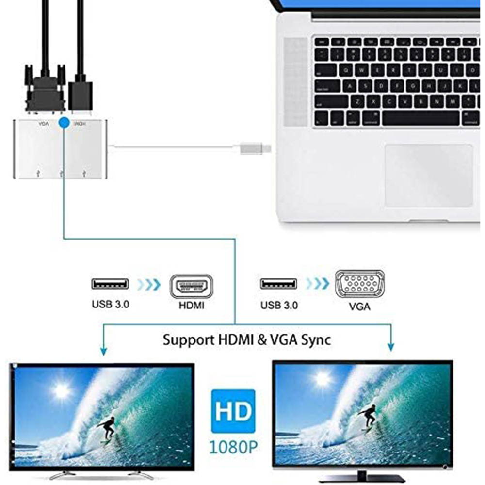 USB C hub HDMI VGA USB 3.0 Adapter, 5 in 1 USB 3.1 Type C to HDMI 4K,1080P VGA, 3xUSB 3.0 Multiport Video Converter Compatible with Mac MacBook Air/Pro Surface Book Chromebook Pixel Dell XPS