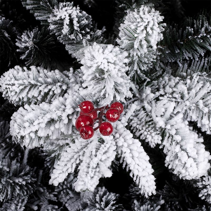 Haute Decor 7 Foot Lexington Slim Artificial Indoor Flocked Fir Tree with 1400 Warm White LED Lights and 34 Red Berry Clusters, Green