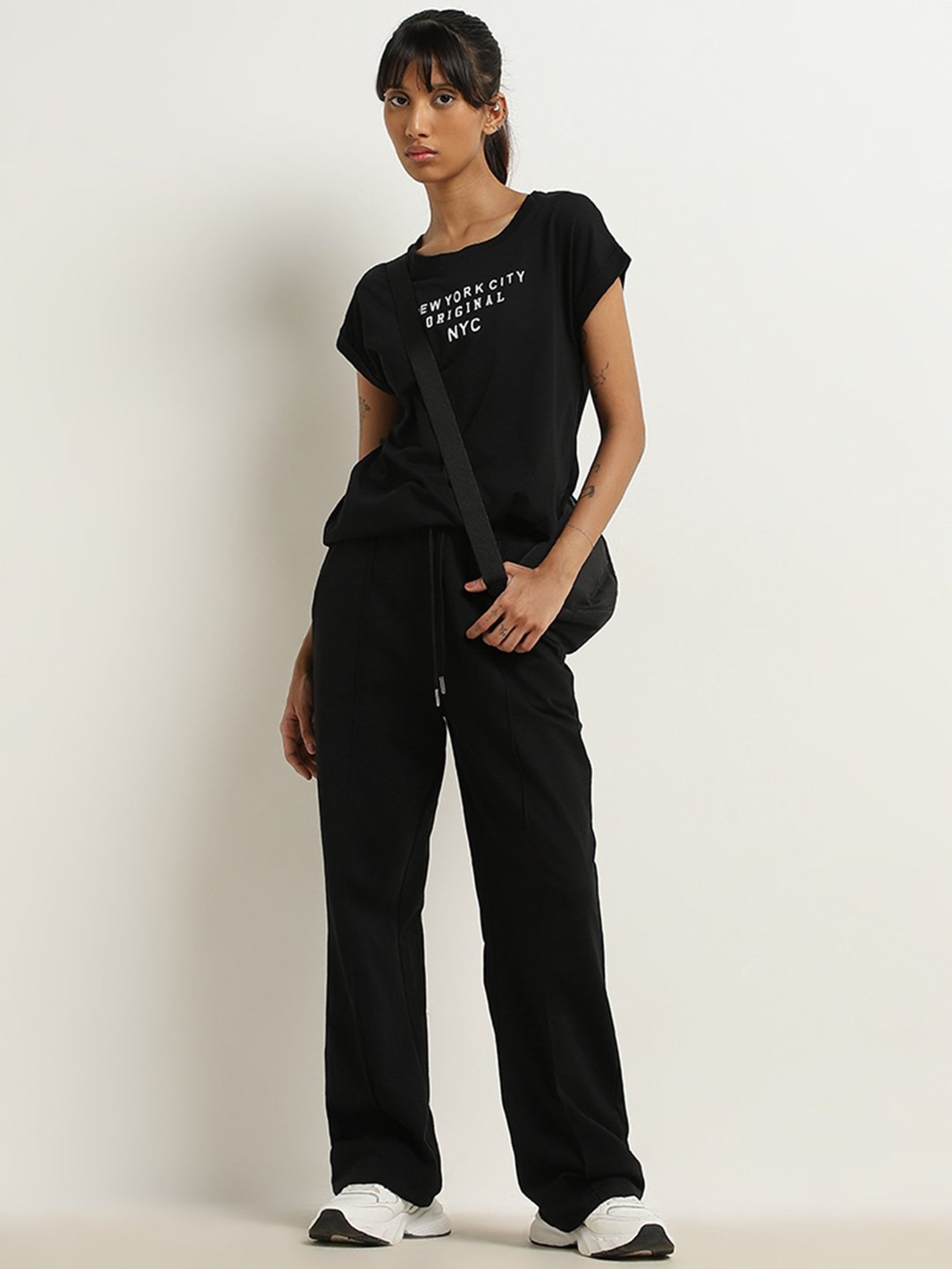 Studiofit by Westside Black Text Printed Cotton T-Shirt