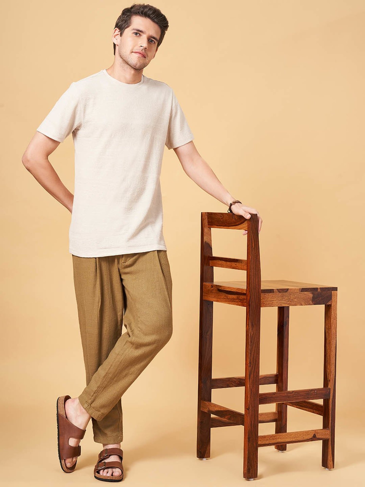 7 Alt by Pantaloons Off White Relaxed Fit Self Pattern T-Shirt