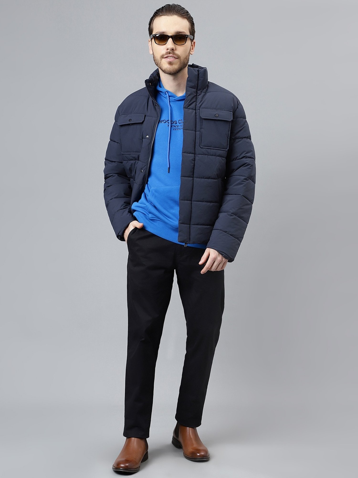 Woods Navy Regular Fit Quilted Jacket